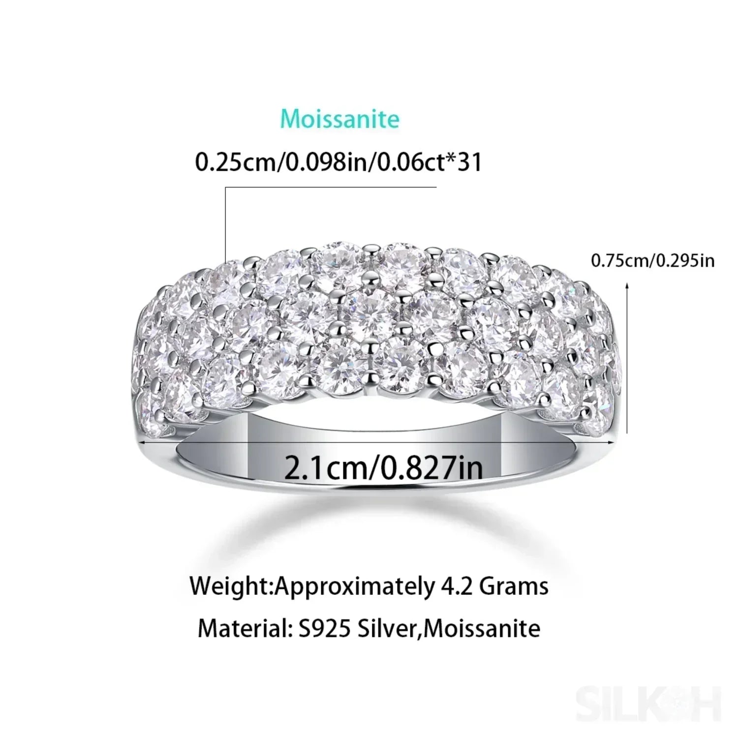 1.8 Carat Moissanite Sterling Silver Pave Triple Row Ring Amaya