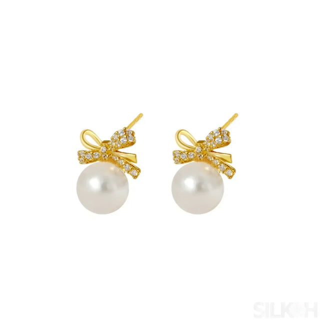 18K Gold Plated Sterling Silver Pearl Bow Earrings Pat