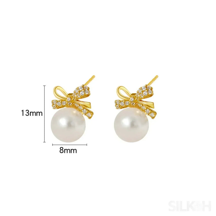 18K Gold Plated Sterling Silver Pearl Bow Earrings Pat