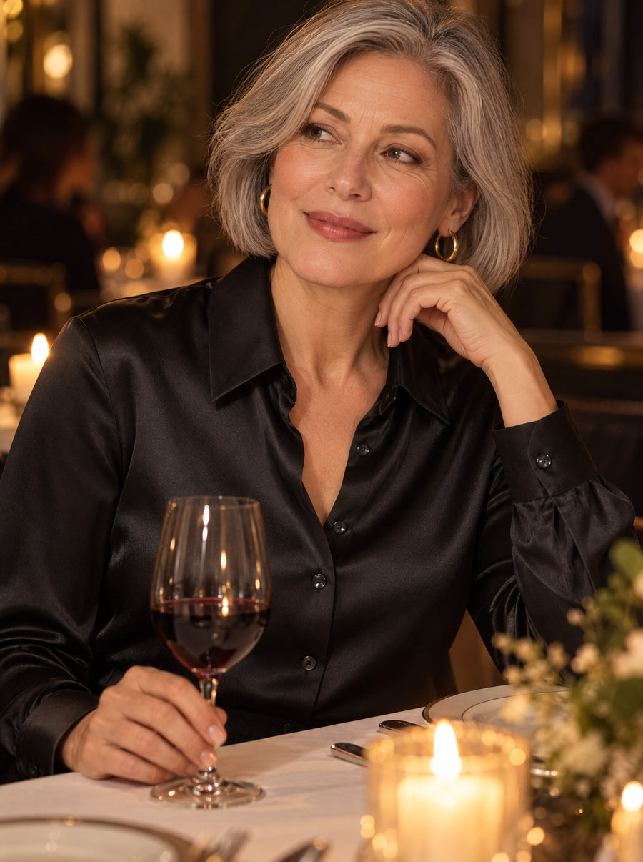 Black silk shirt worn at a candlelit dinner