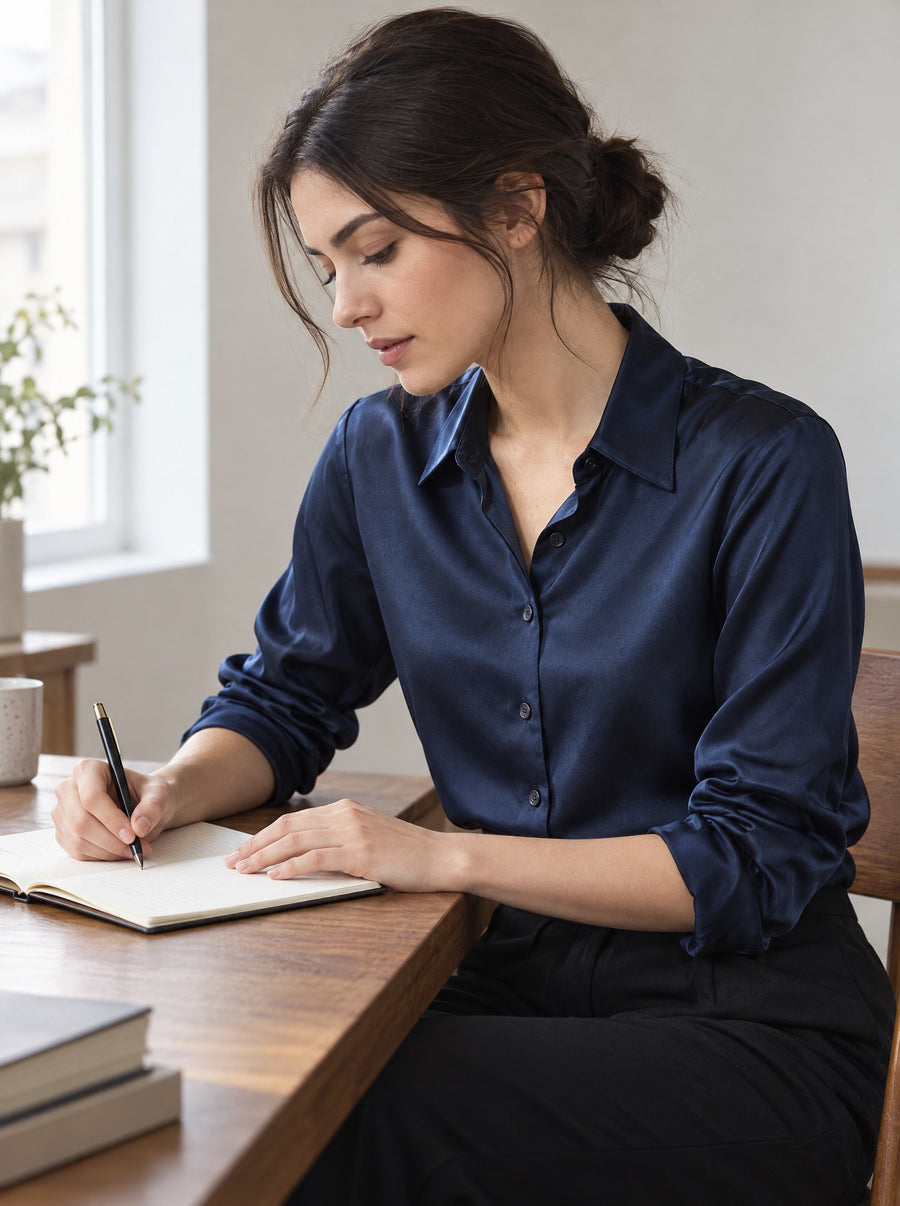 Woman at a desk in the navy silk shirt