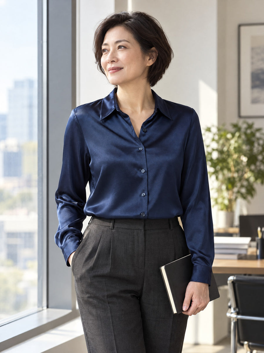 Navy silk shirt worn in a sunlit office