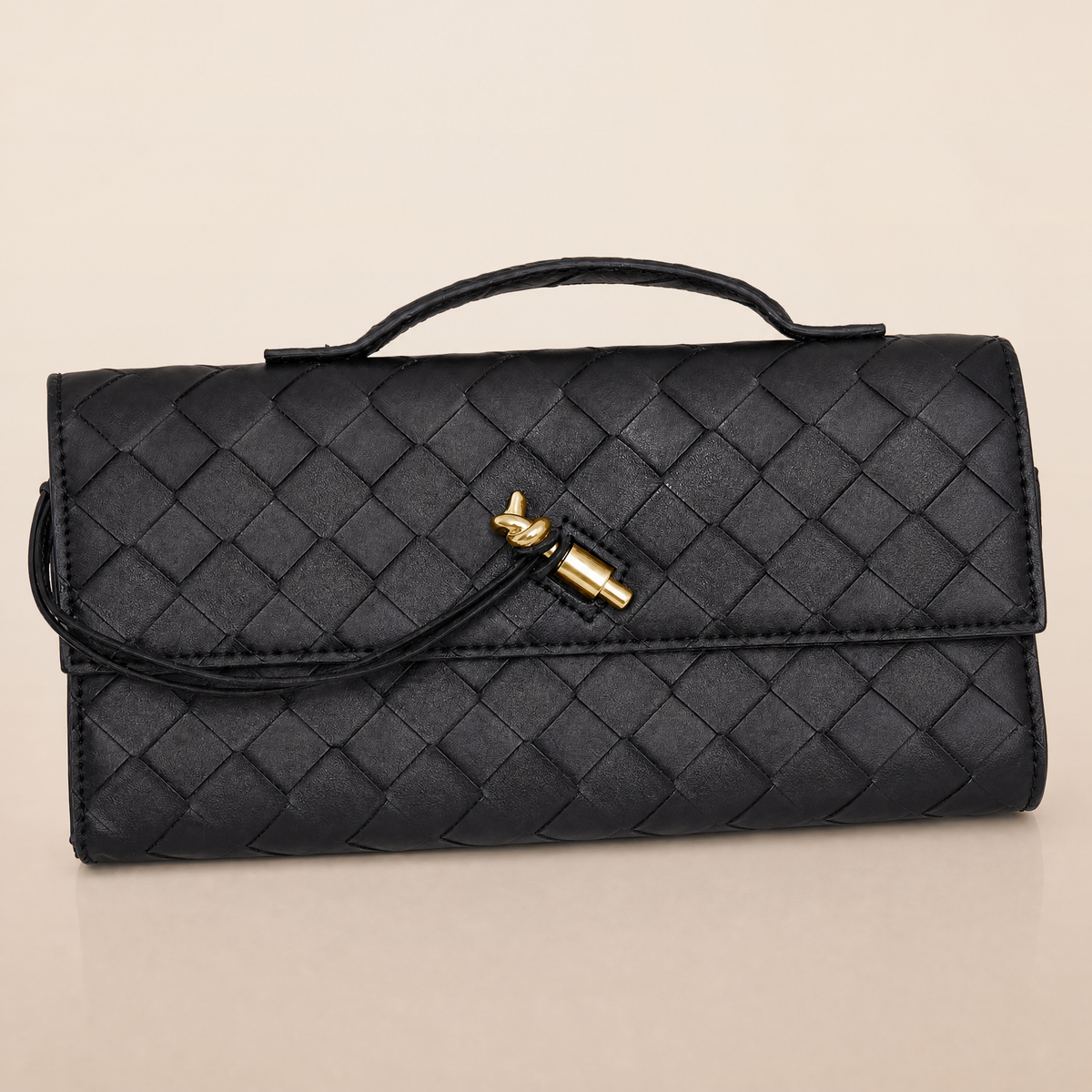 Tori Black Faux Leather Woven Clutch