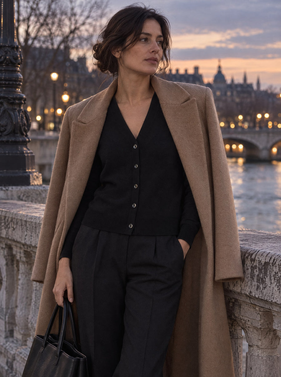 Woman in the black cardigan with a coat over her shoulders