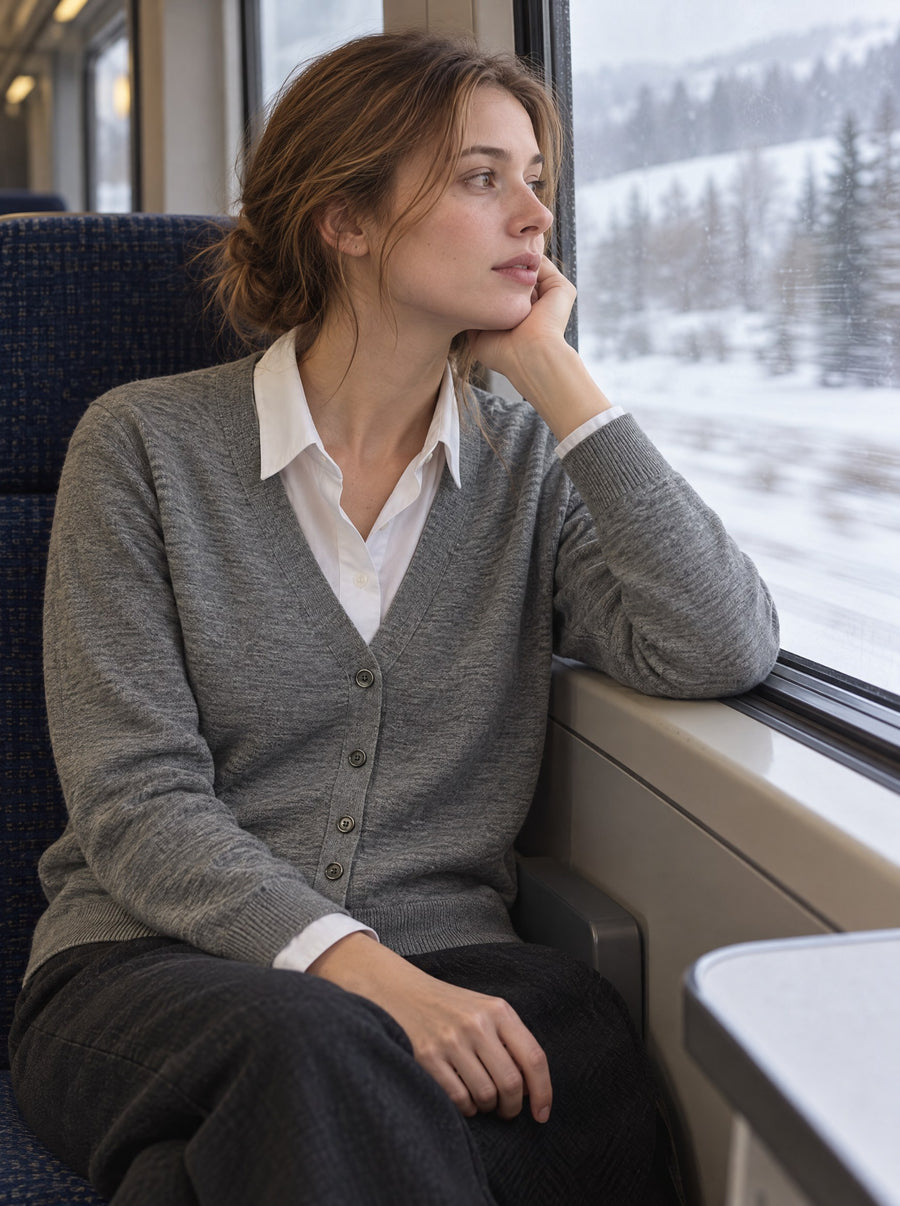 Woman by a train window in the grey cardigan over a white collar