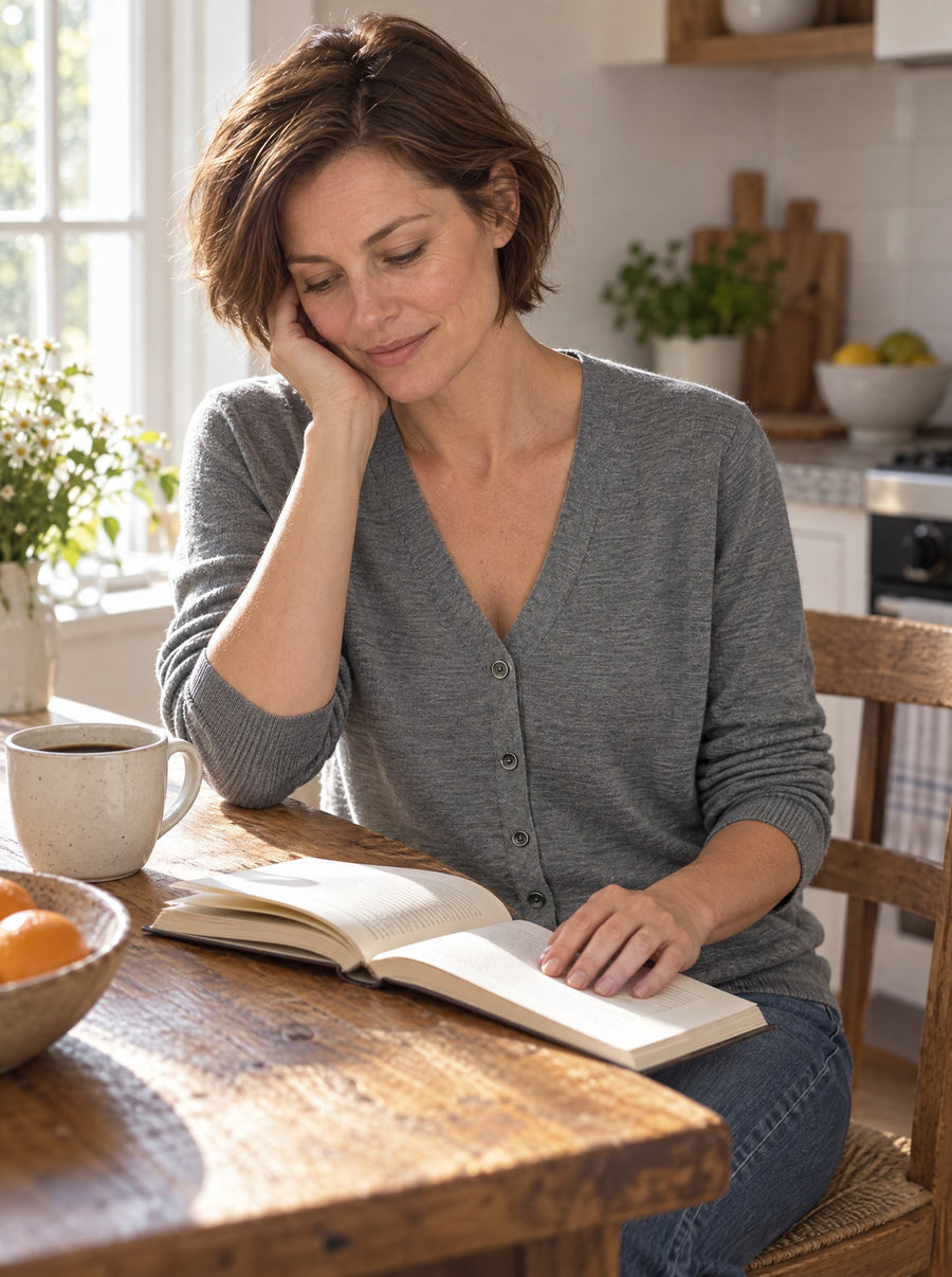 Grey cardigan worn at a kitchen table in the morning