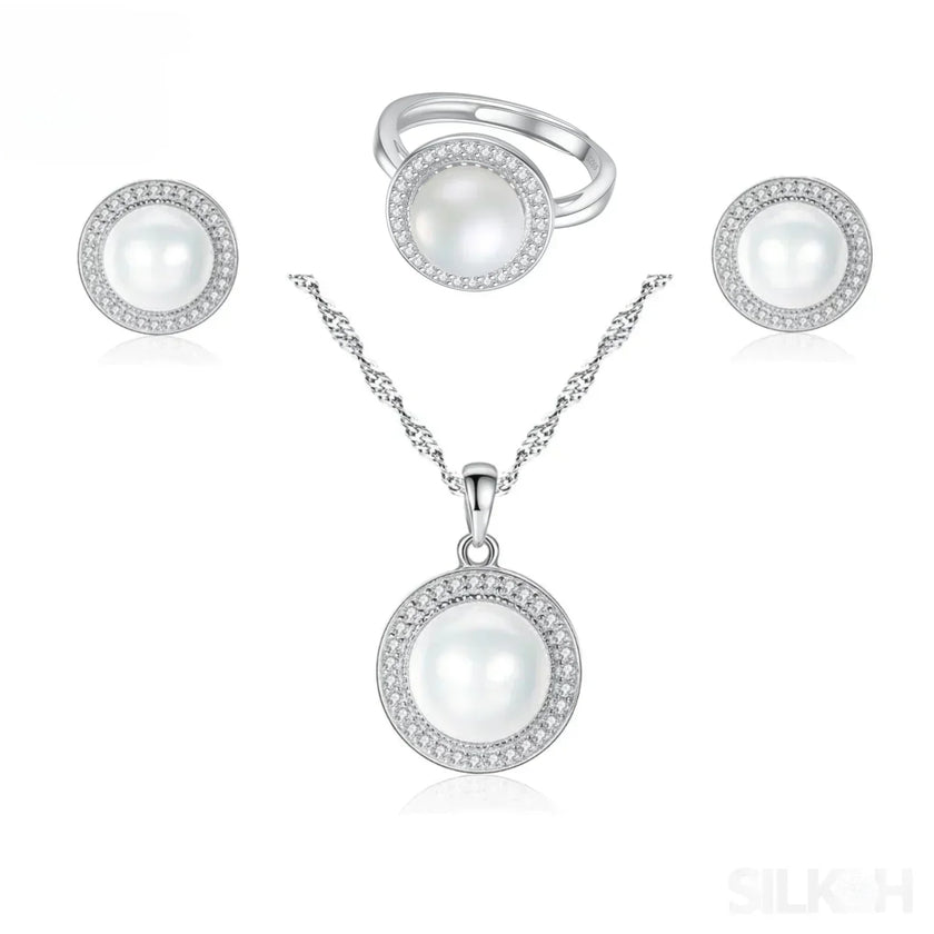 Halo Sterling Silver Natural Pearl wedding Jewelry Set Ann