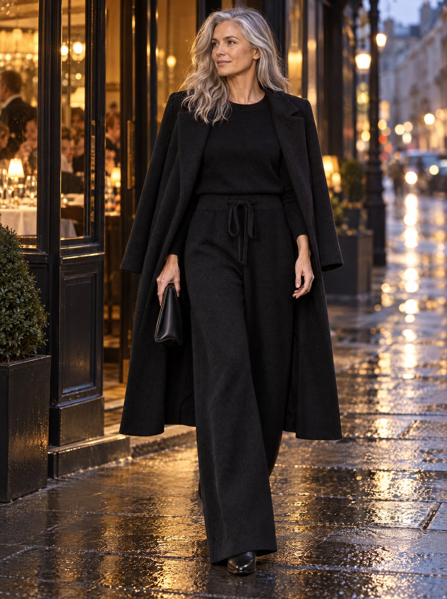 Black trousers worn with a long black coat on a city street at dusk