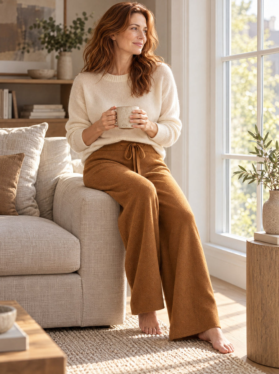 Caramel trousers worn at home by a tall window