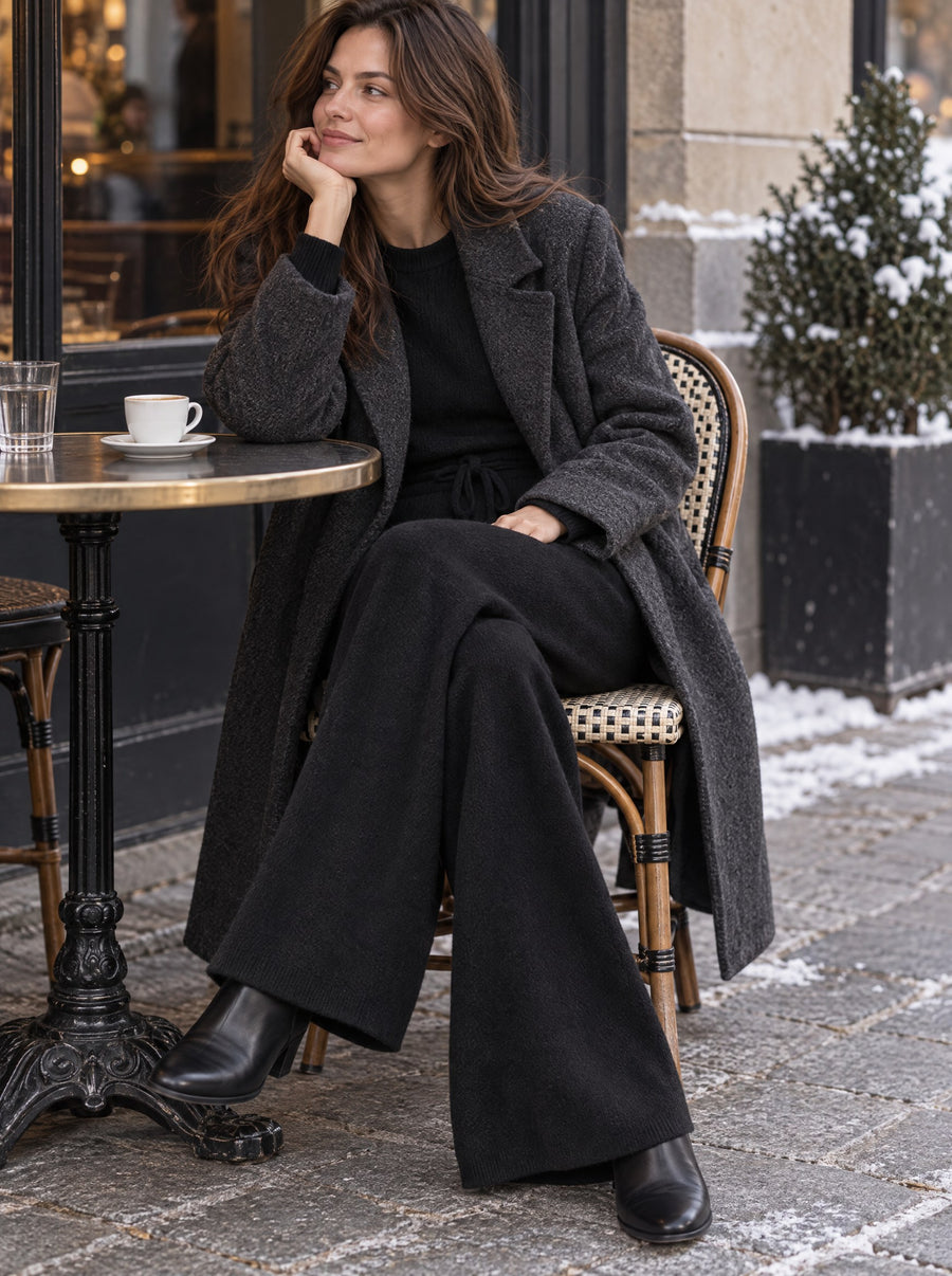 Woman at a cafe table in black trousers and a coat