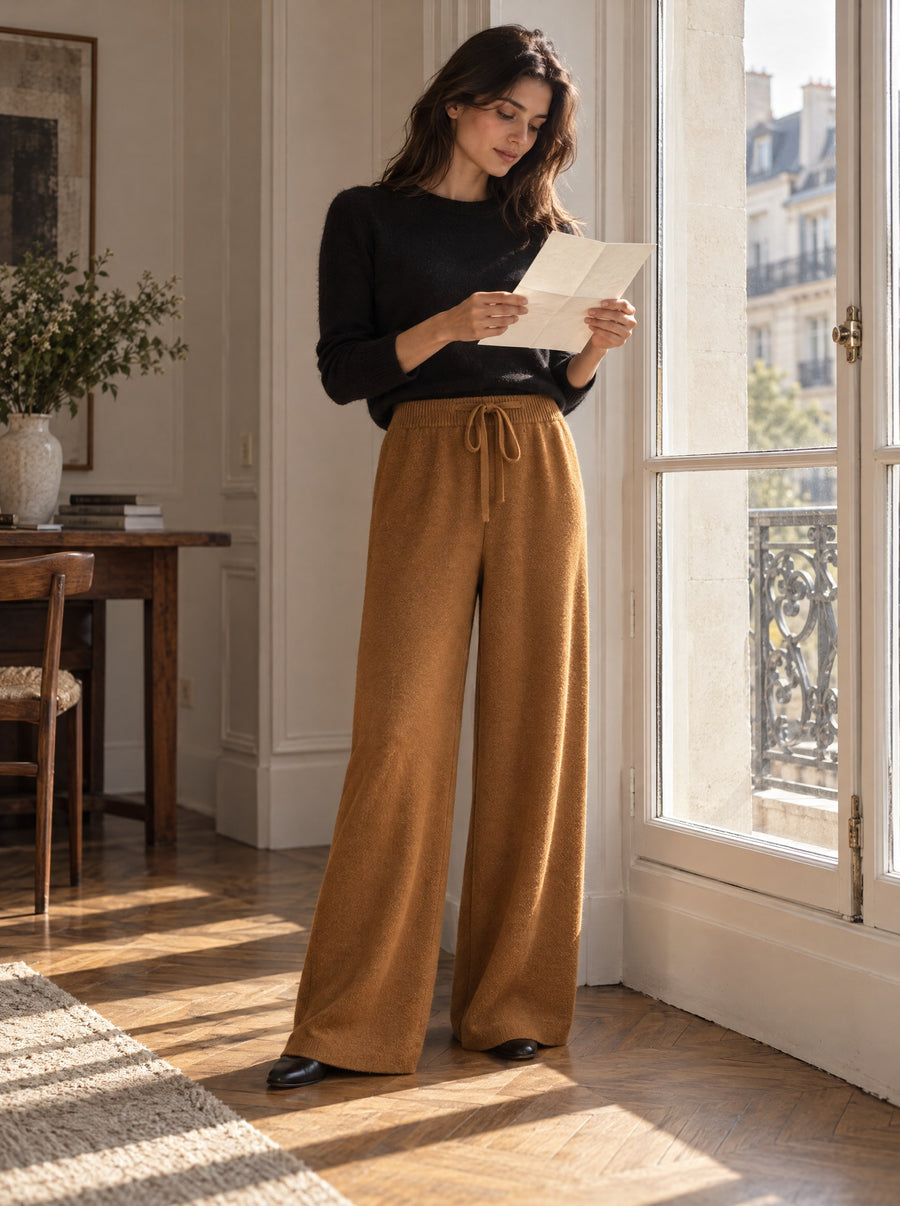 Woman reading by a tall window in caramel trousers and a black knit