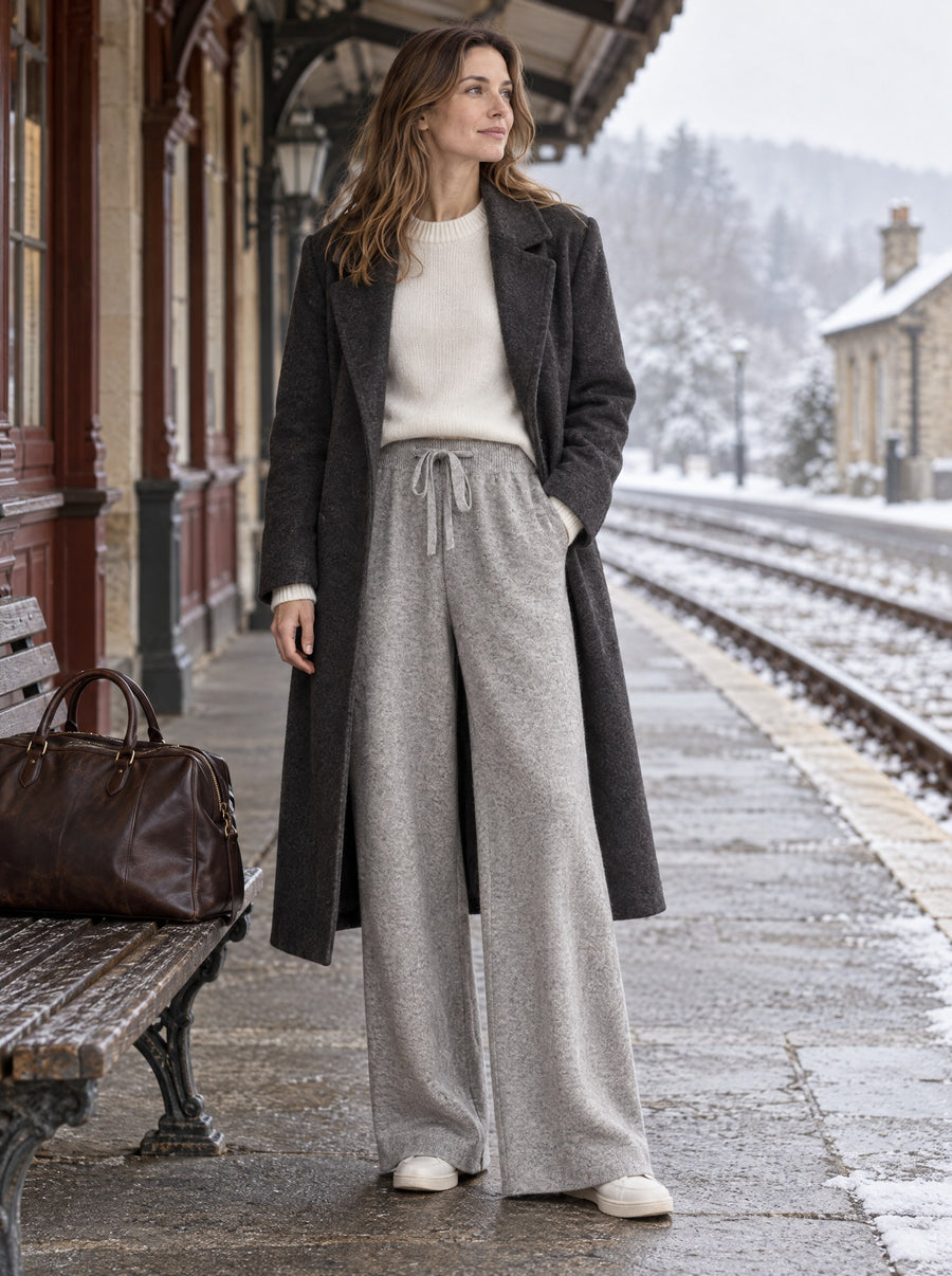 Light grey trousers worn with a charcoal coat on a railway platform