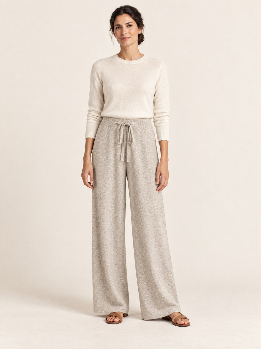 Oat wide-leg knit wool trousers, full length in the studio