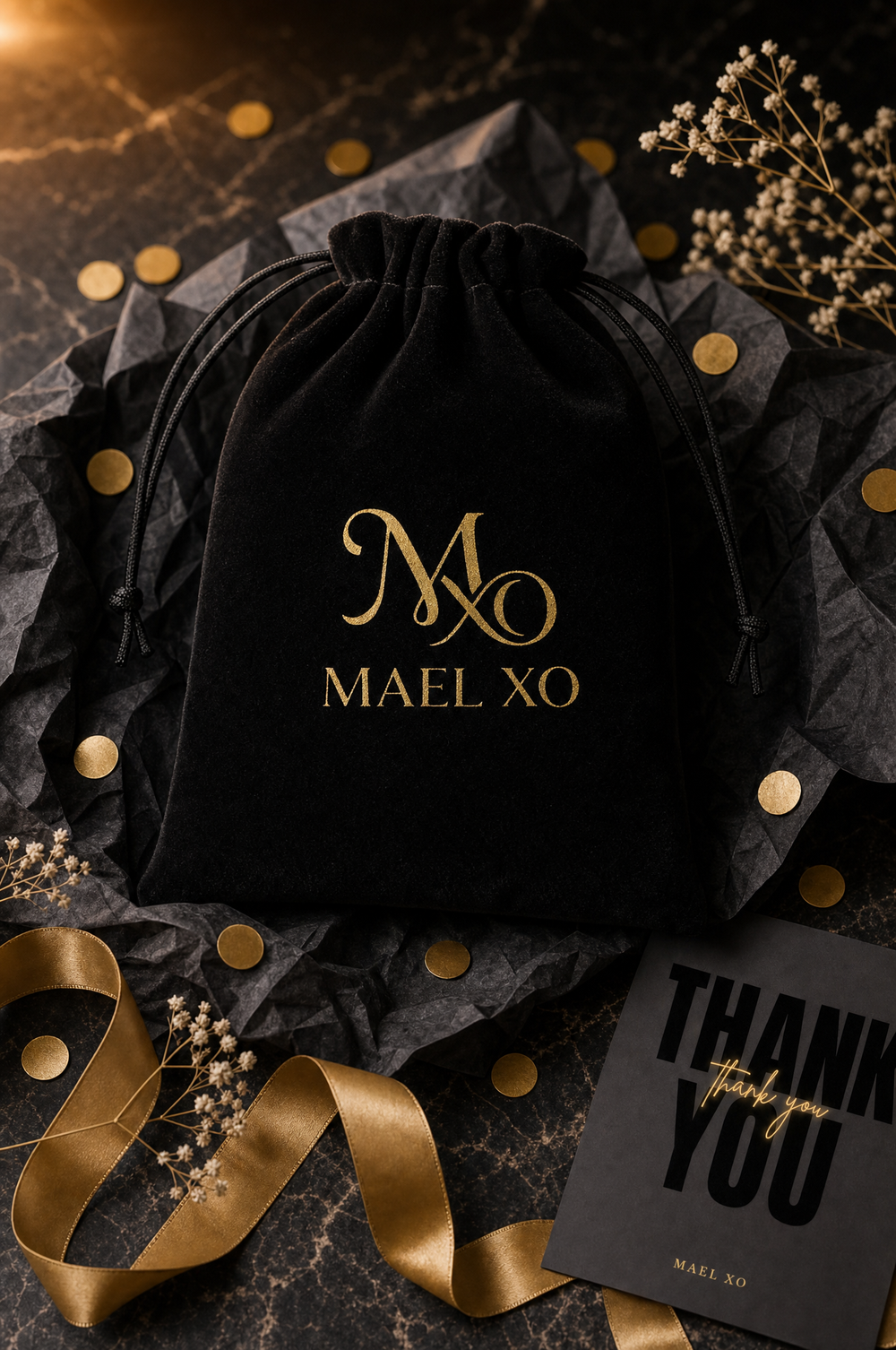 MAEL XO black velvet dust bag with gold monogram, tissue and thank-you card