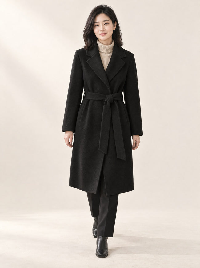Odette double-face wool coat in black, belted