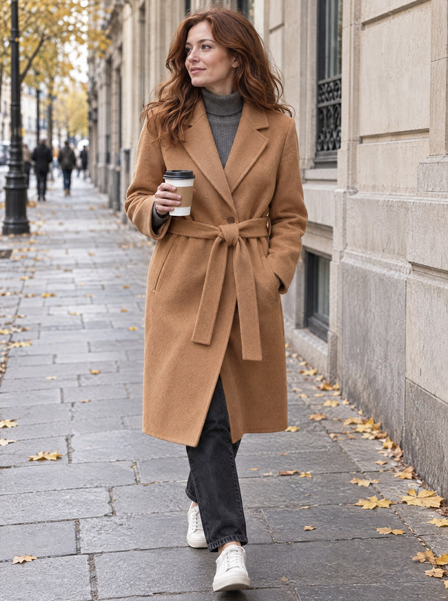 Odette coat in camel worn on an autumn city street
