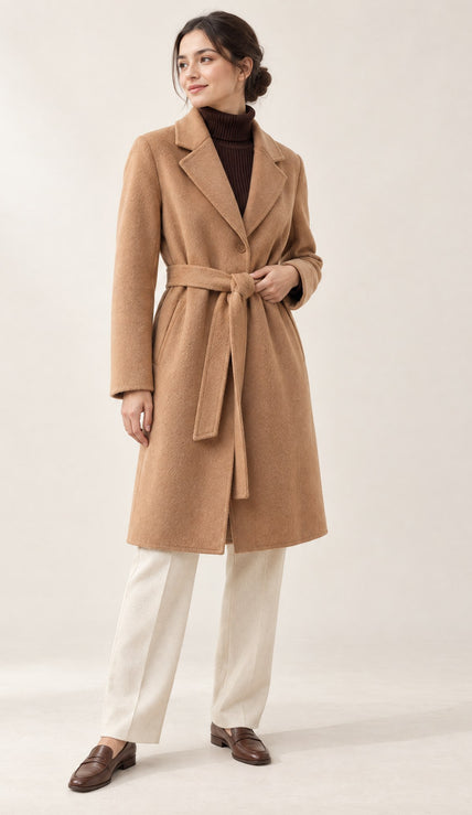 Odette double-face wool coat in camel, belted, worn with a brown turtleneck and cream trousers