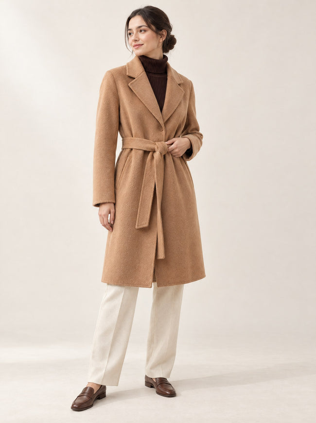 Odette double-face wool coat in camel, belted, worn with a brown turtleneck and cream trousers