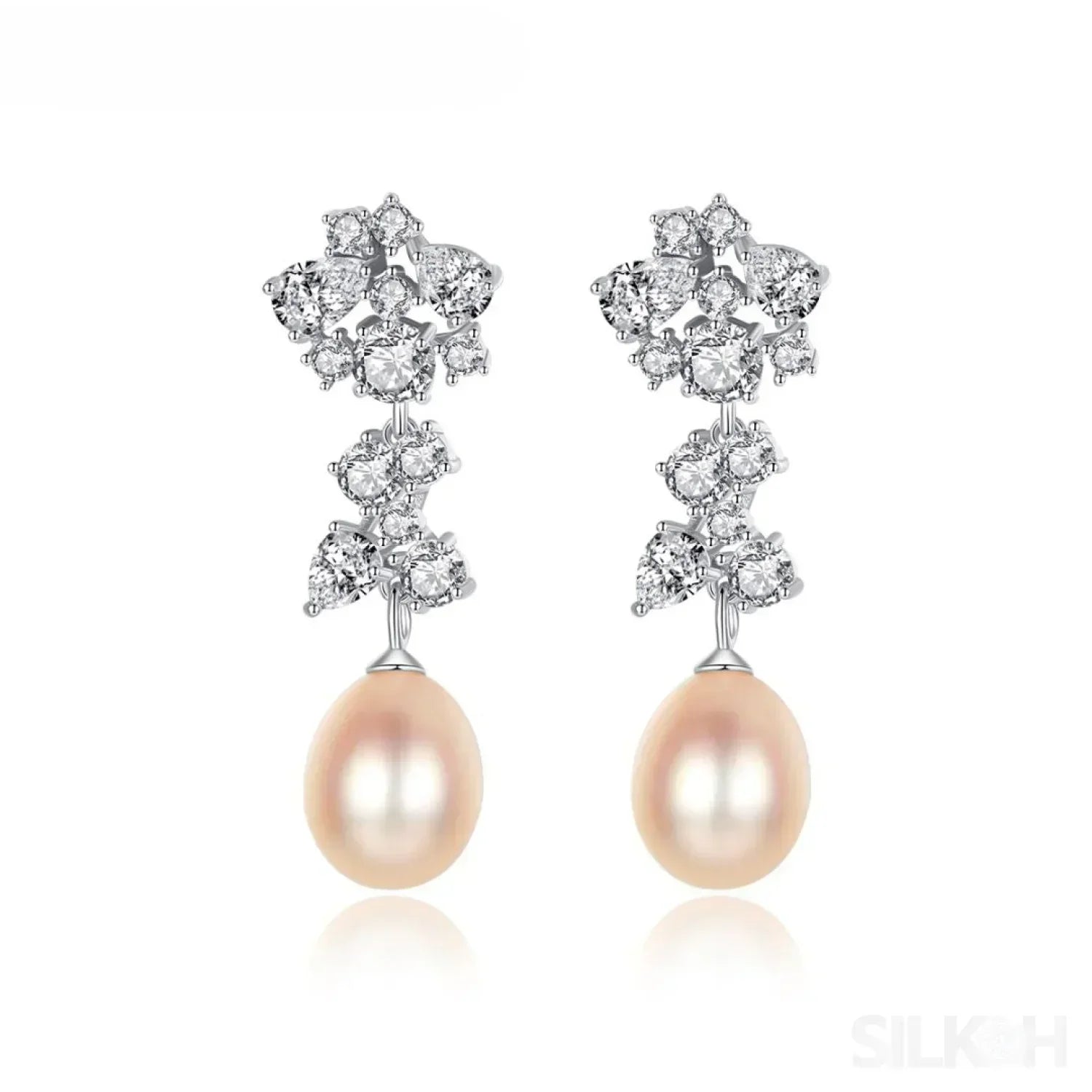 Oval Sterling Silver Long Pearl Drop Earrings For Brides and Bridesmaids Bea