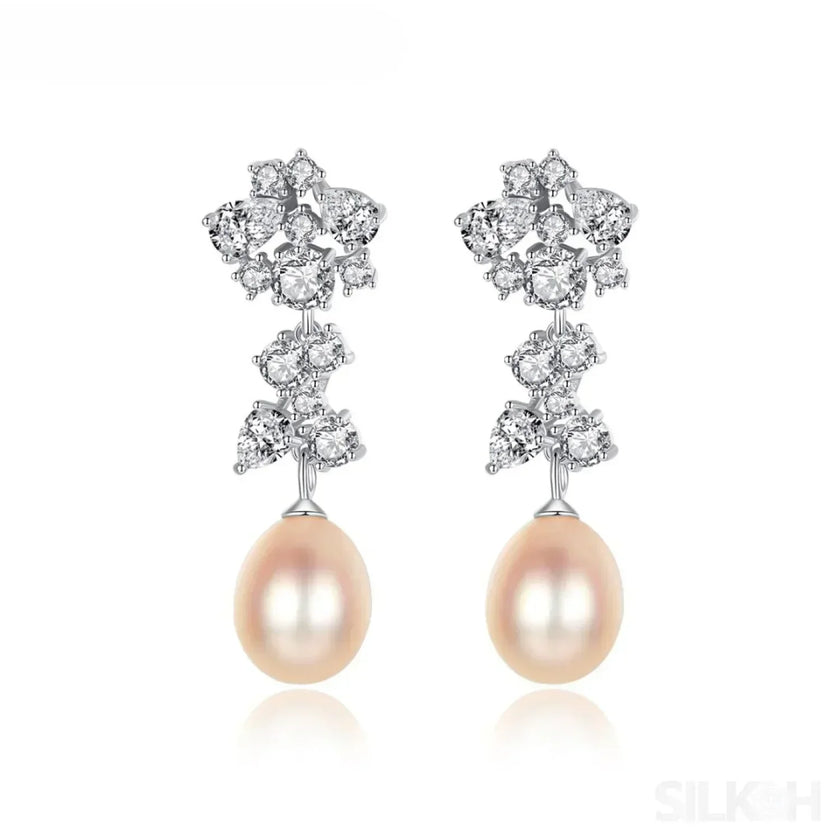 Oval Sterling Silver Long Pearl Drop Earrings For Brides and Bridesmaids Bea
