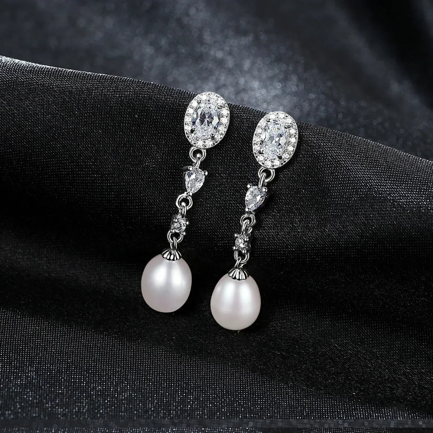 Oval Sterling Silver Long Pearl Earrings For brides and Bridesmaids Amy
