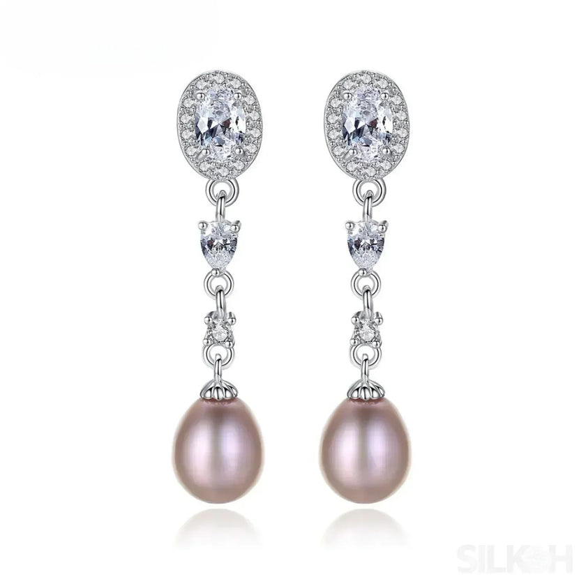 Oval Sterling Silver Long Pearl Earrings For brides and Bridesmaids Amy
