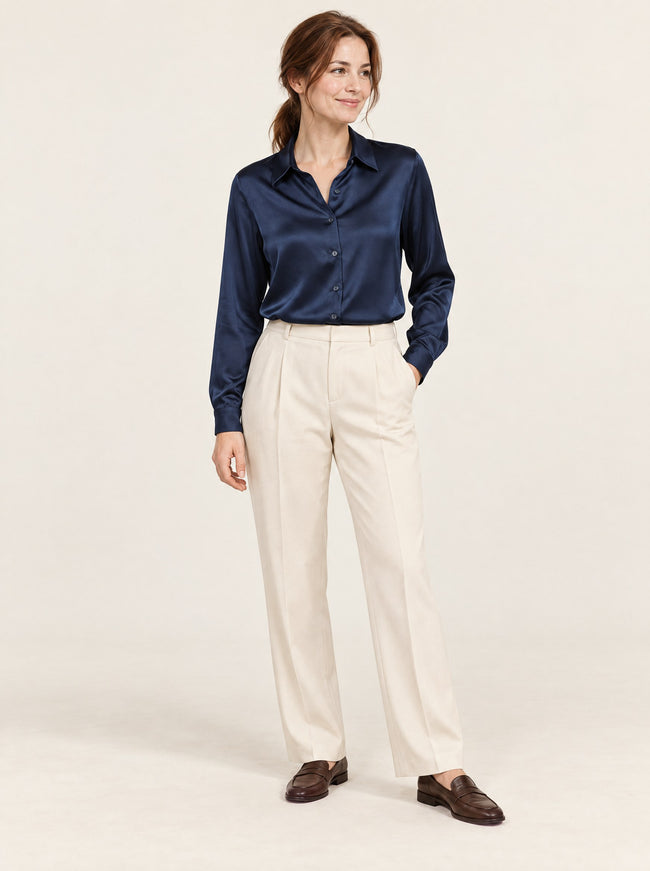 Clémence Silk Satin Shirt in Navy