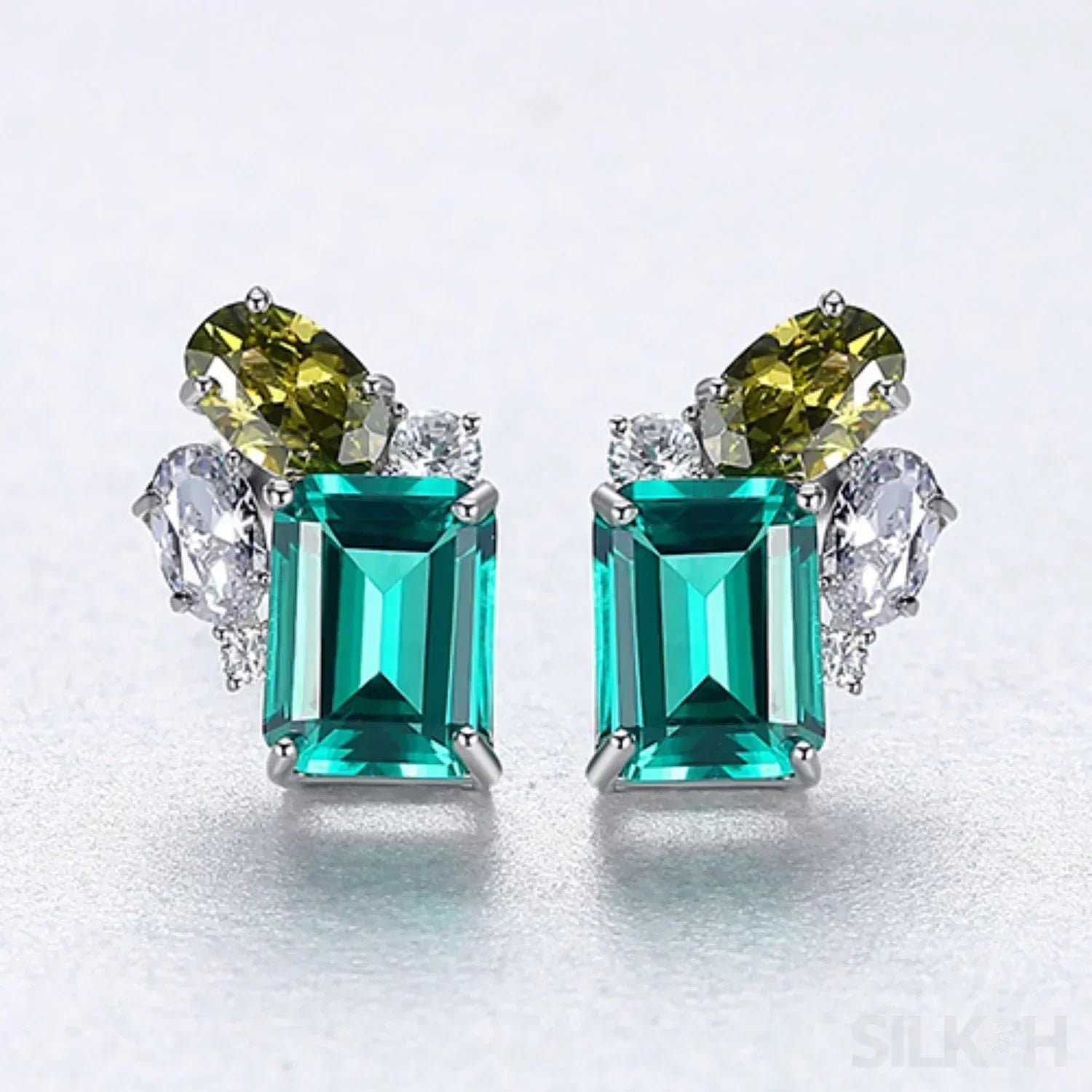 Rectangular Cut Sterling Silver Emerald Studs Earrings Anna