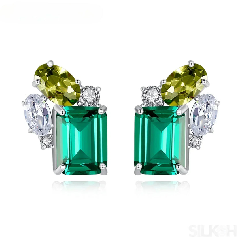 Rectangular Cut Sterling Silver Emerald Studs Earrings Anna