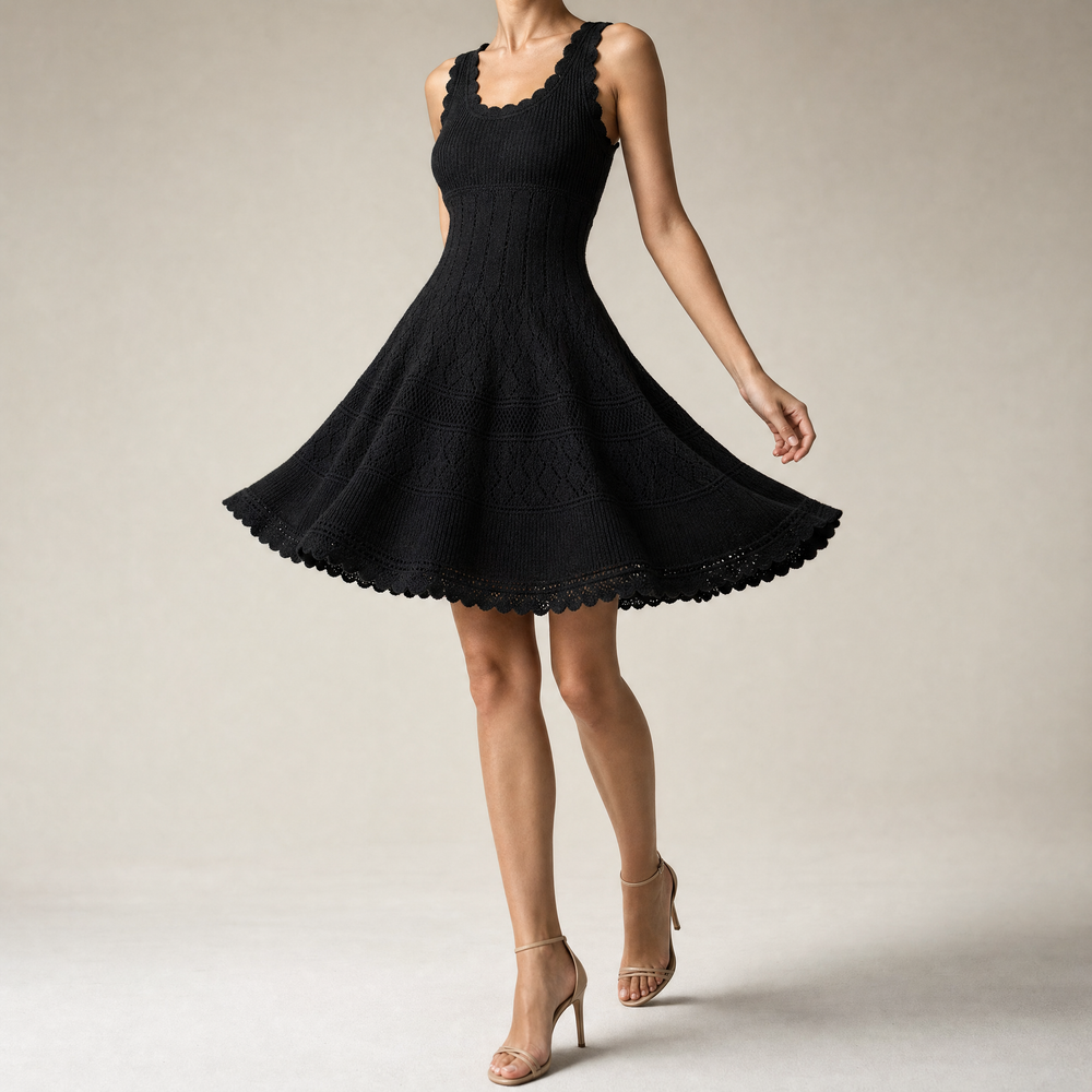 Black textured knit dress mid-turn