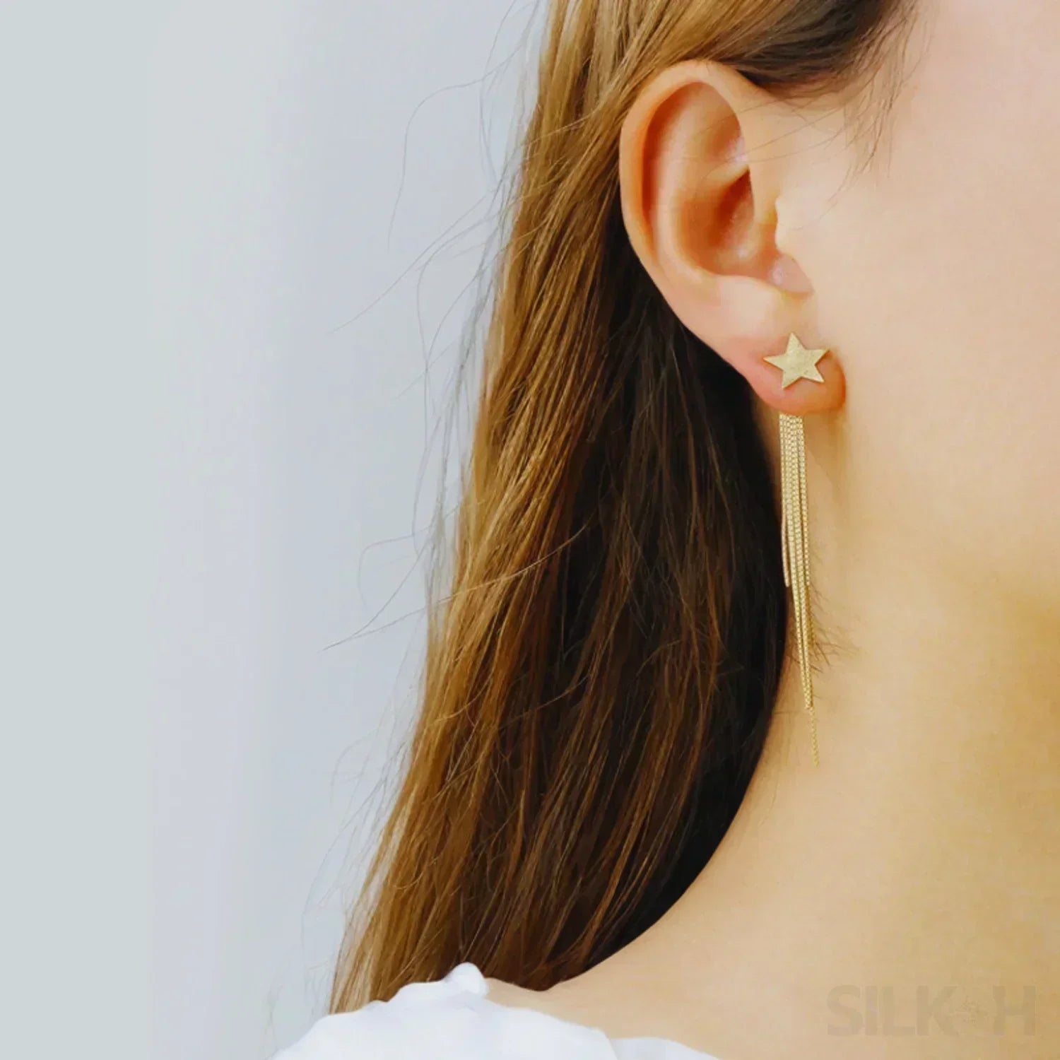 Simple 14K Gold Plated Sterling Silver Star Multi Chain Hanging Earrings Sky