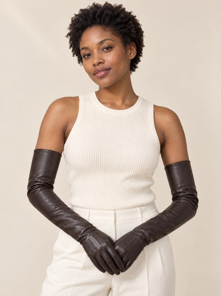 Dark chocolate opera-length gloves worn with a sleeveless knit