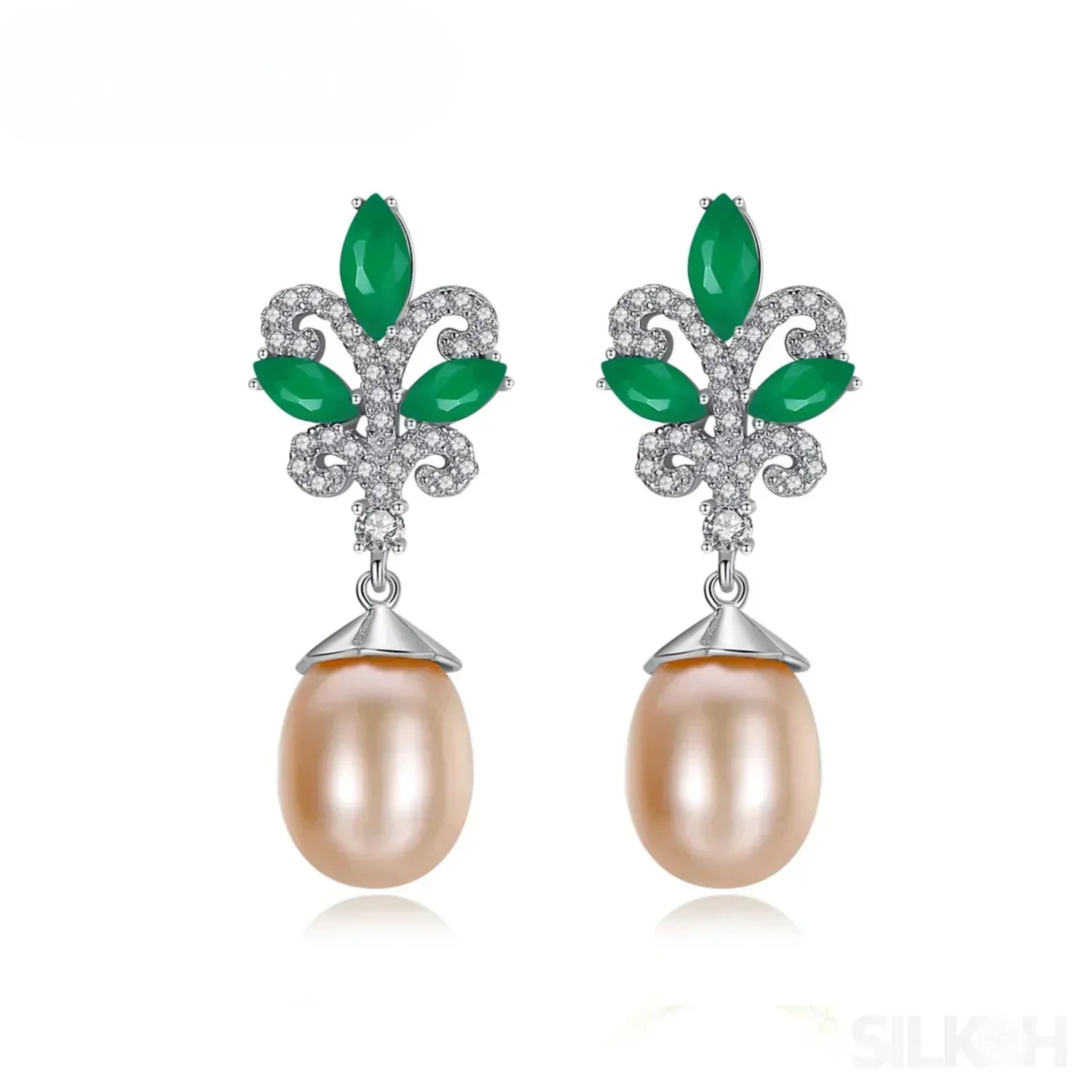 Sterling Silver Pearl Drop Emerald Leaf Earring Athena