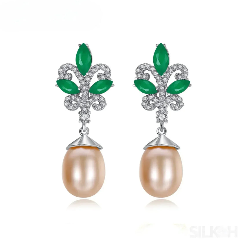 Sterling Silver Pearl Drop Emerald Leaf Earring Athena