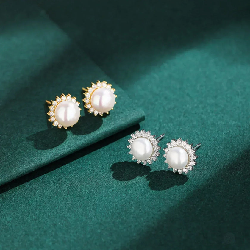 Sunflower Sterling Silver Pearl Stud Earrings Amaya